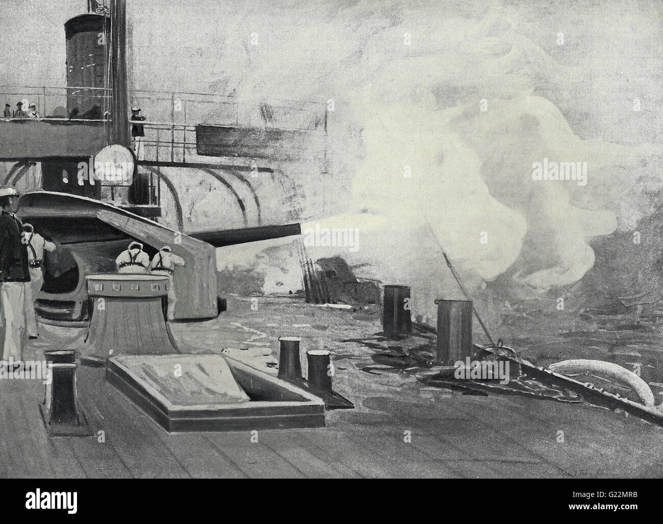 Key West pratica di destinazione - Cruiser USS Cincinnati sparando a sei pollici e la pistola al momento della spagnola guerra americana Foto Stock