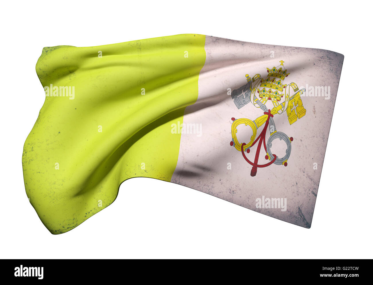 3D rendering di un vecchio e sporco e Vaticano bandiera sventola su sfondo bianco Foto Stock
