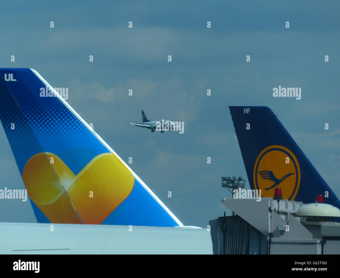 Aerei di atterraggio all'Aeroporto Internazionale di Francoforte Foto Stock