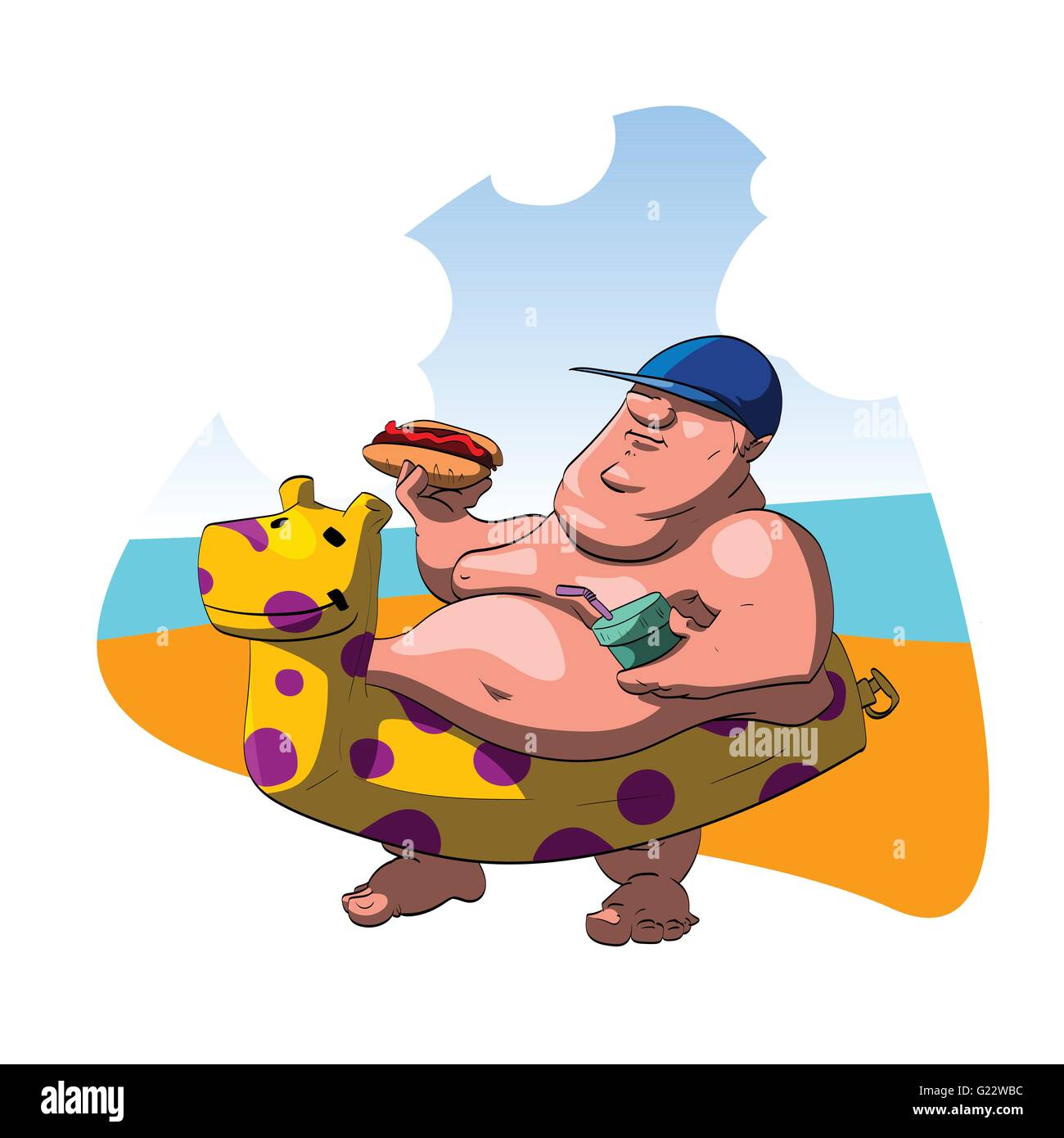 Uomo grasso sulla spiaggia, avente un agitare e un hot dog. Indossando un cappello blu e un galleggiante. Illustrazione Vettoriale