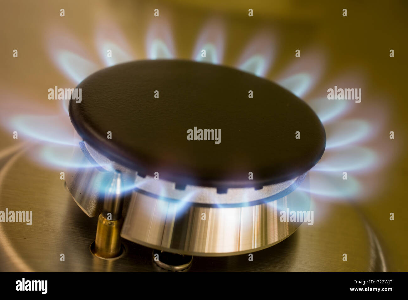Ravvicinata di un anello di gas e fiamma blu sul fornello Foto Stock