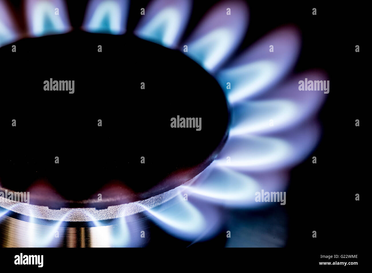 La fiamma del gas ad anello sulla masterizzazione di fornello Foto Stock