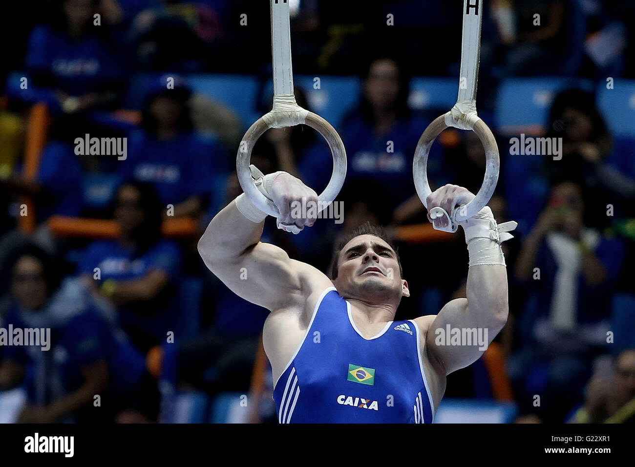 Sao Paulo, Brasile. 22 Maggio, 2016. Il Brasile è Arthur Zanetti compete in uomini?s anelli ancora concorrenza durante il 2016 ginnastica artistica World Challenge Cup, in Sao Paulo, Brasile, il 22 maggio 2016. © Rahel Patrasso/Xinhua/Alamy Live News Foto Stock