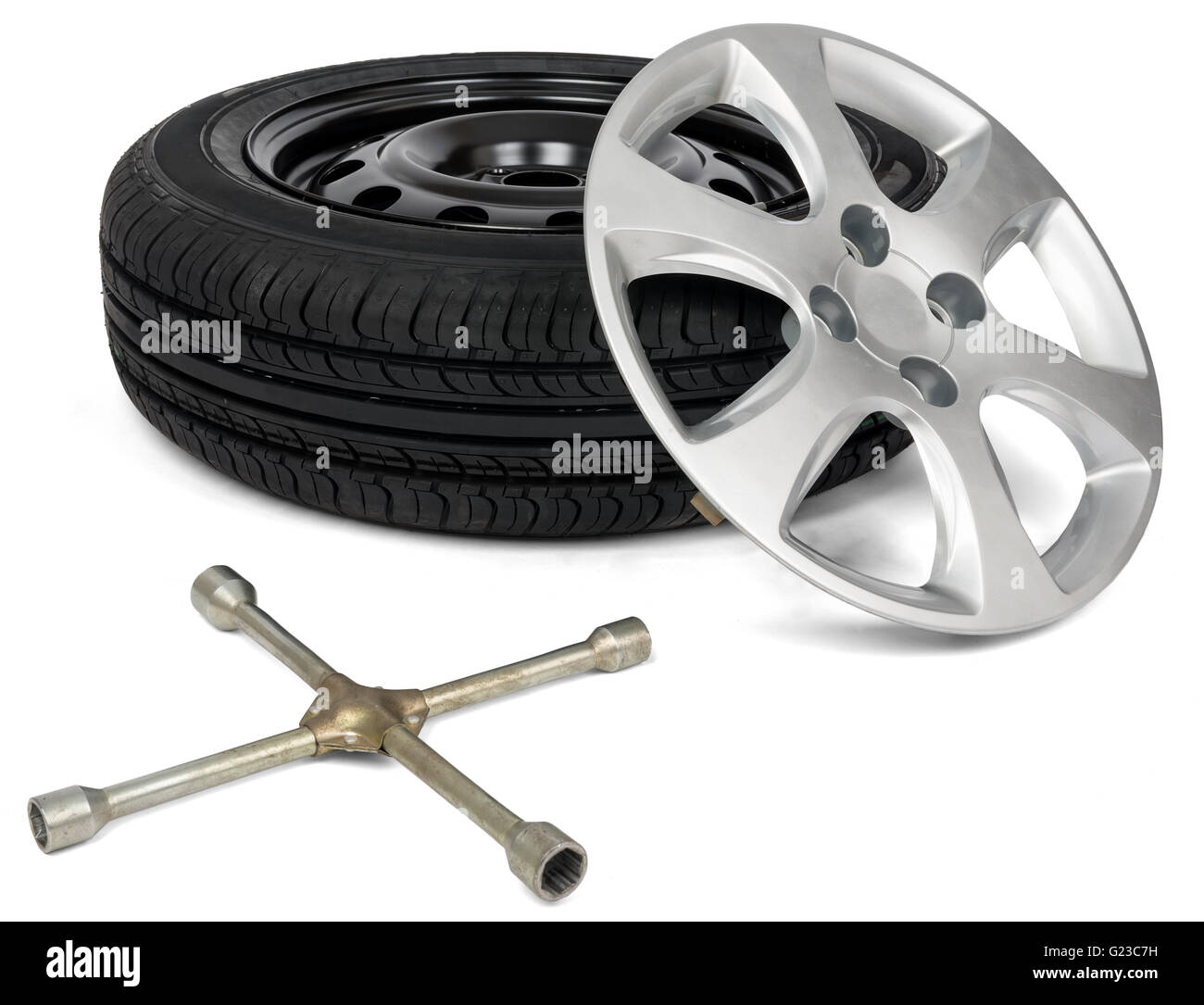 Auto pneumatico ruota con cappuccio e cacciavite Foto Stock