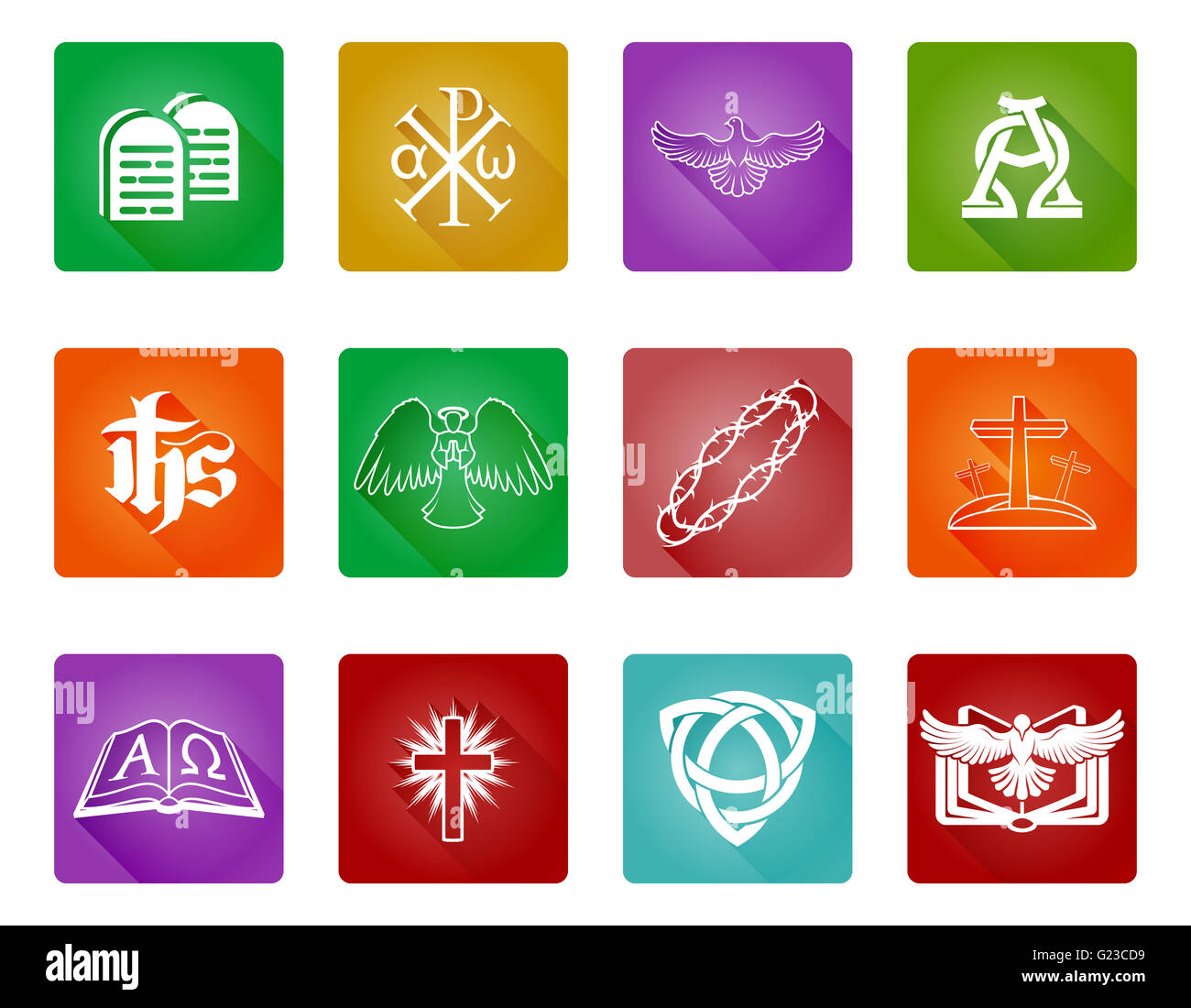 Un gruppo di religiosi cristiani icone e simboli con alfa omega, chi rho e la bibbia Foto Stock