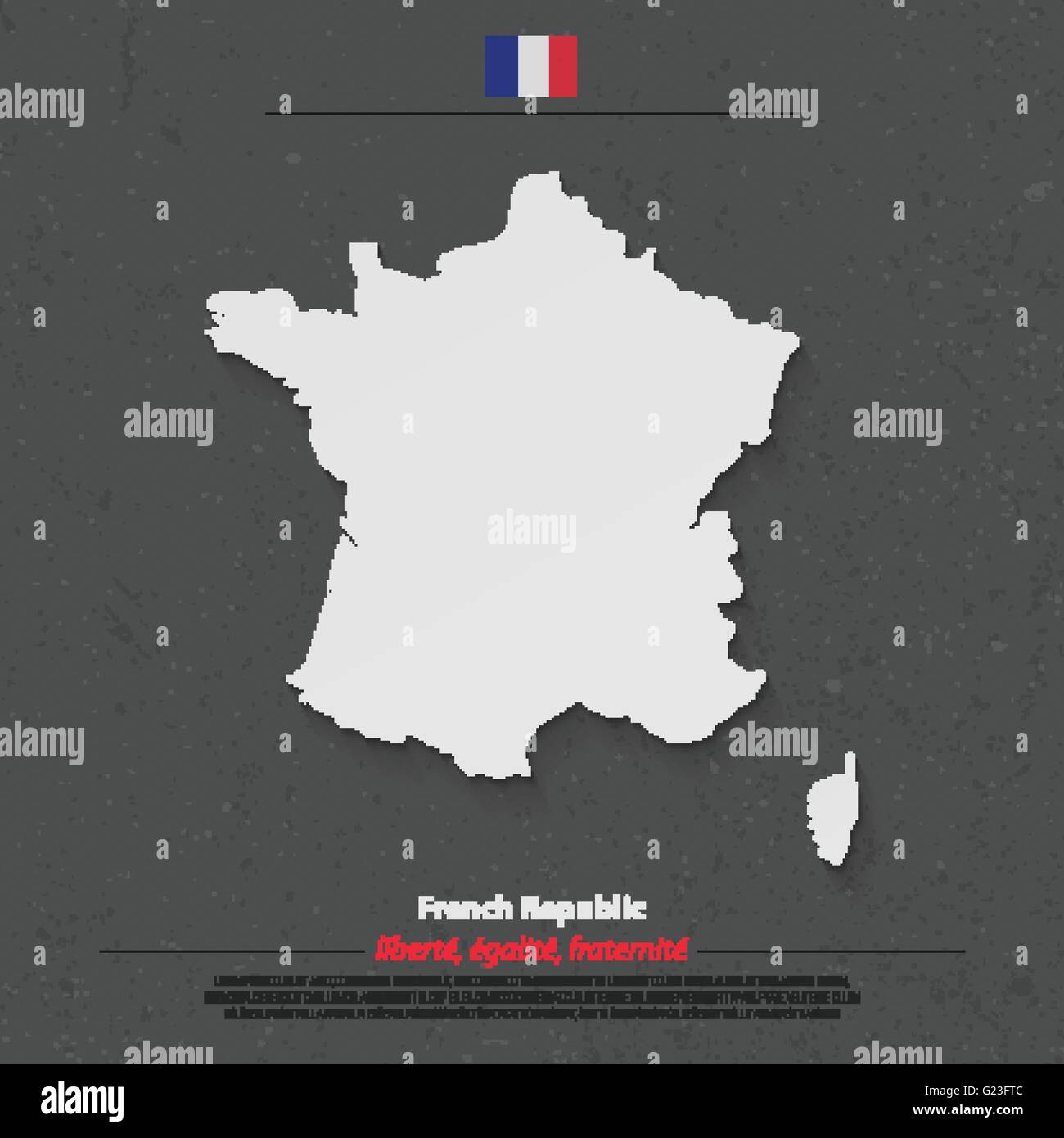 Repubblica francese mappa ufficiale e icona bandiera su sfondo scuro. vettore politico Francia mappa 3d'illustrazione. Stato europeo geo Illustrazione Vettoriale