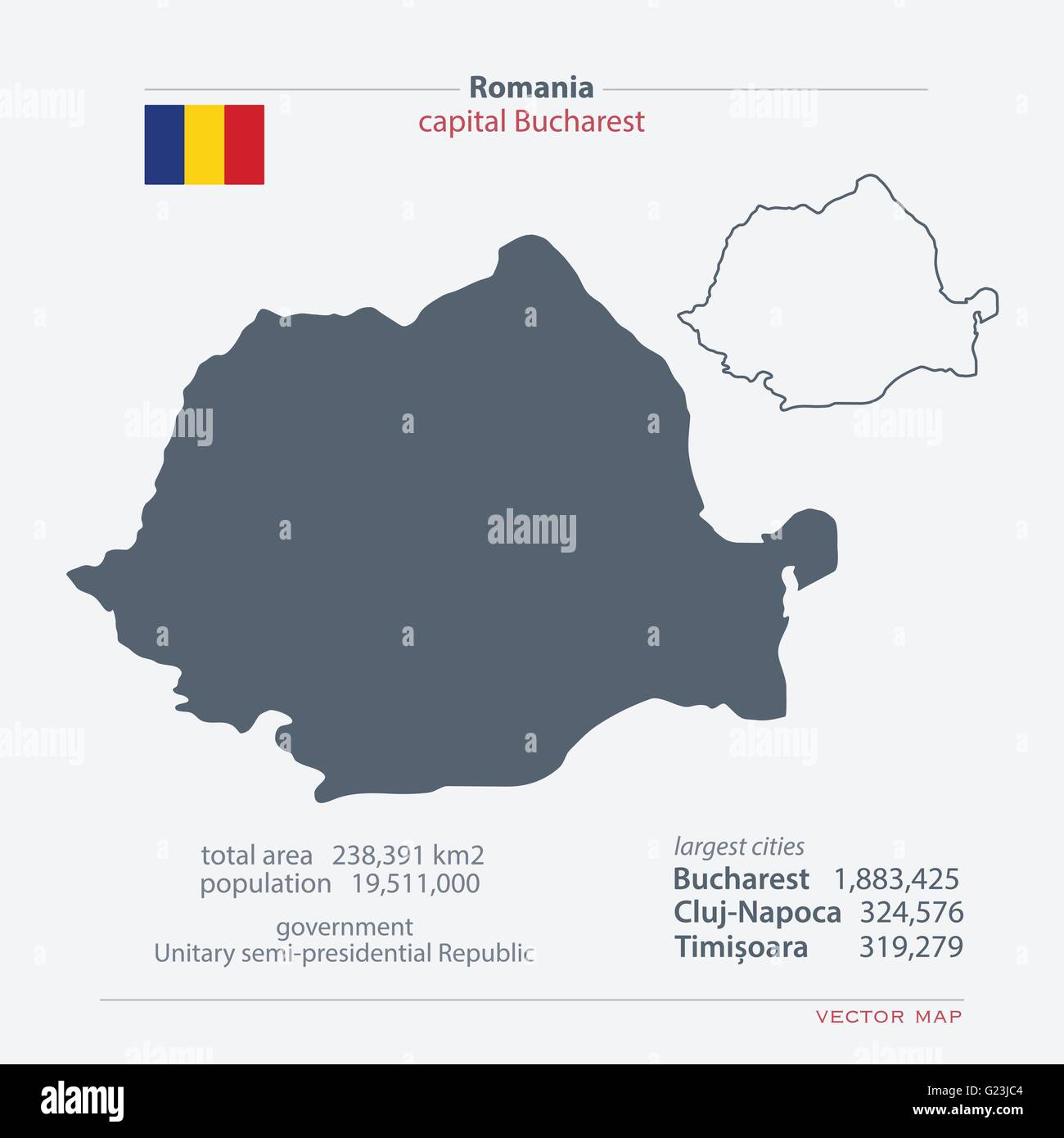 La Romania isolato mappe e bandiera ufficiale icona. vettore politico rumeno le icone della mappa con informazioni di carattere generale. Stato europeo geogr Illustrazione Vettoriale