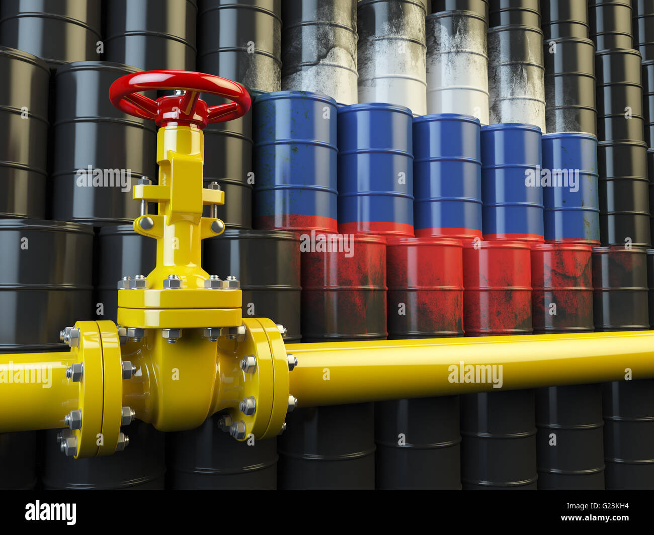 Tubo dell'olio valvola di linea davanti alla bandiera russa sui fusti di petrolio. Iranian gas e olio combustibile concetto energetico. 3d illustrazione Foto Stock