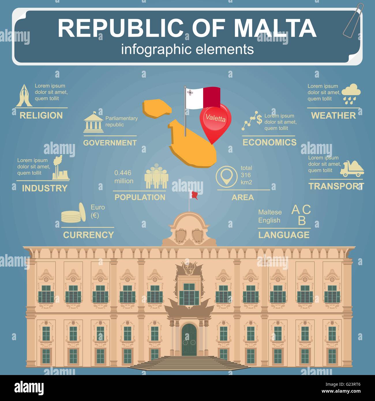Malta infographics, dati statistici attrazioni. Illustrazione Vettoriale Illustrazione Vettoriale