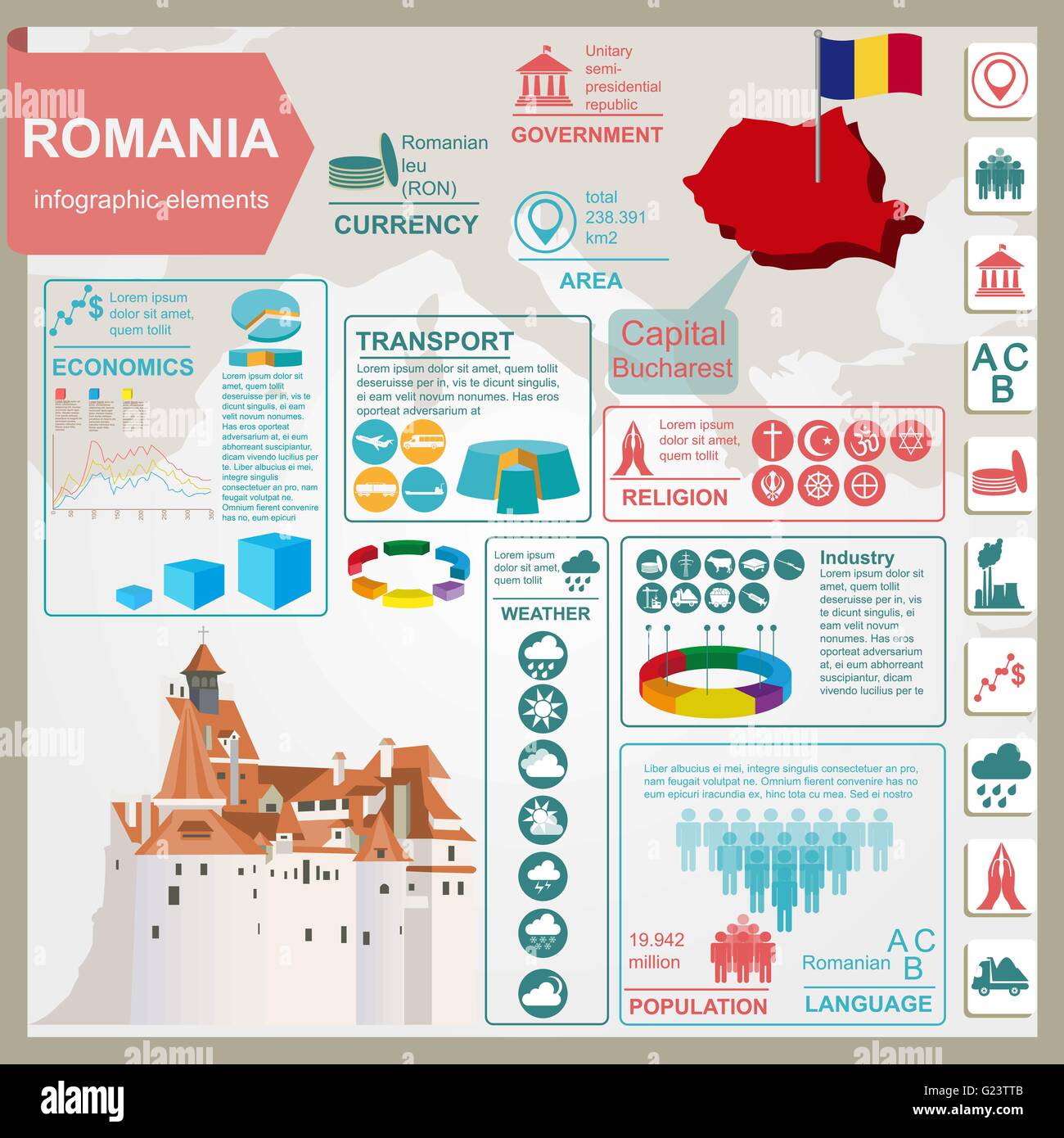 La Romania infographics, dati statistici attrazioni. Illustrazione Vettoriale Illustrazione Vettoriale