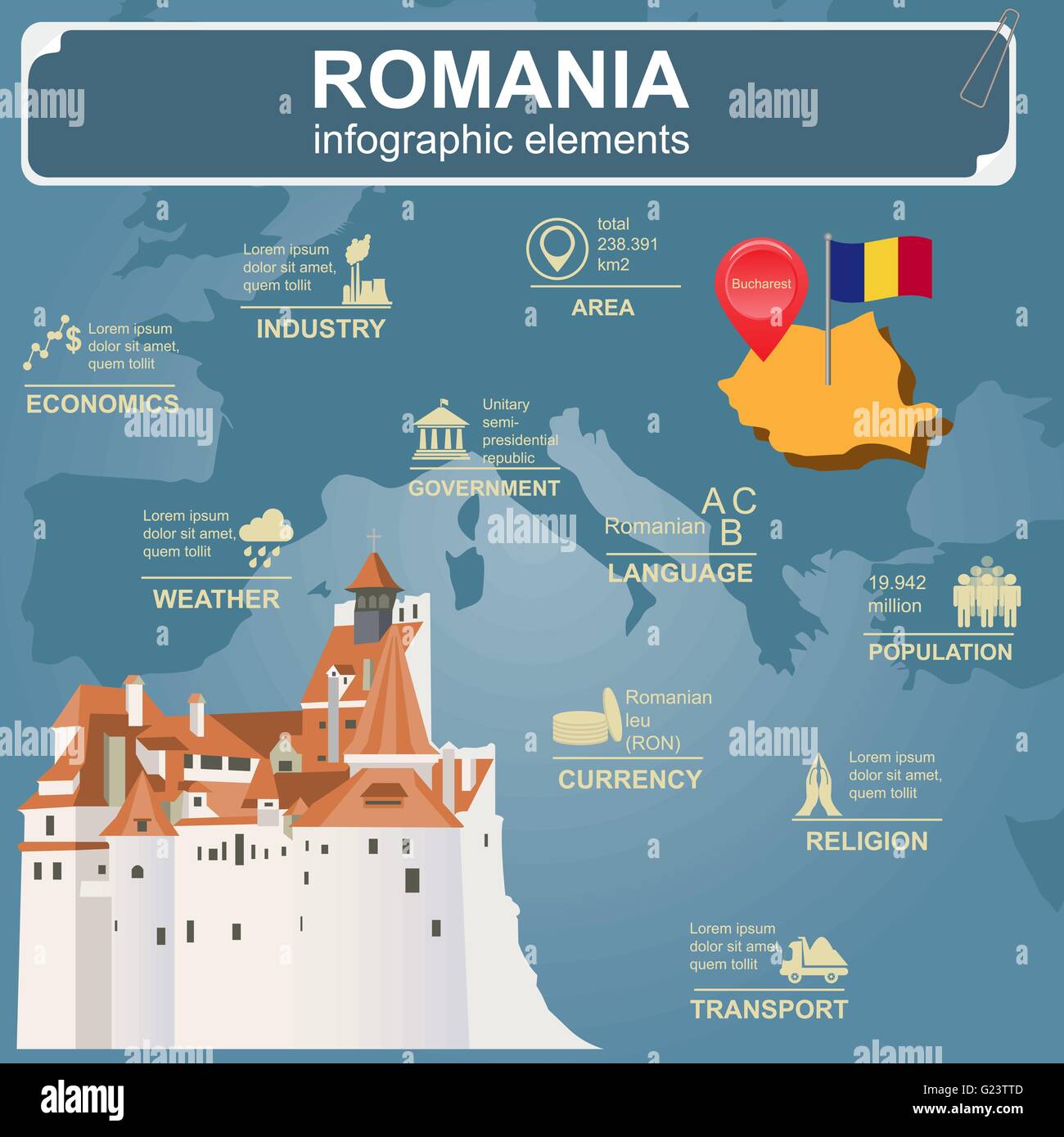 La Romania infographics, dati statistici attrazioni. Illustrazione Vettoriale Illustrazione Vettoriale