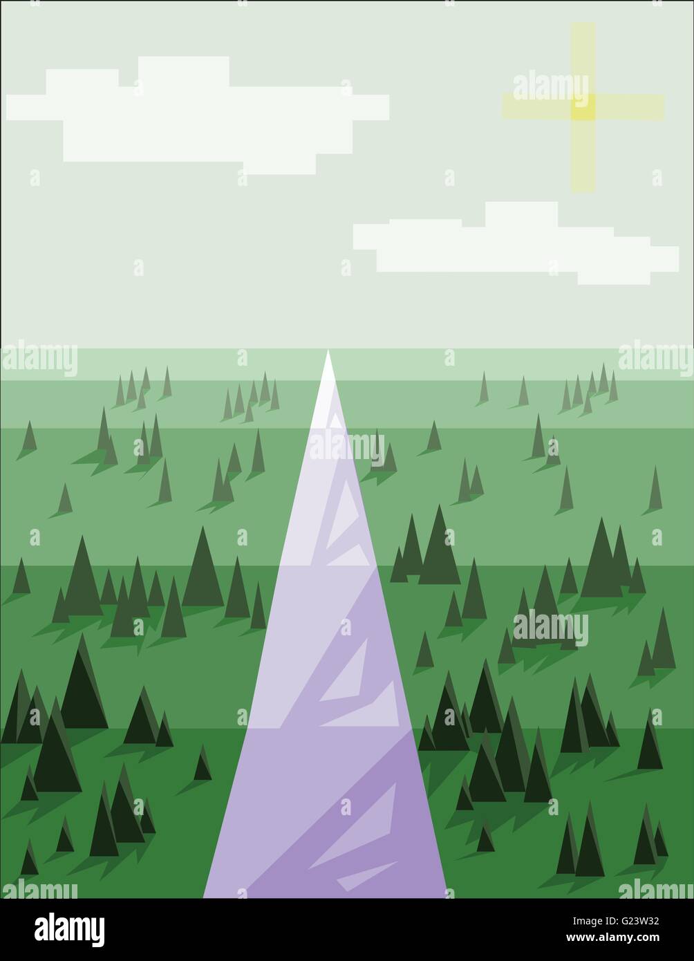 Paesaggio Astratto con alberi di pino, neve e sole e viola road, su uno sfondo verde chiaro. Vettore digitale dell'immagine. Illustrazione Vettoriale