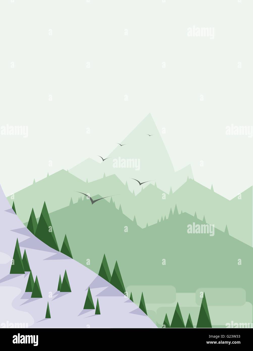 Paesaggio Astratto con alberi di pino, neve, uccelli e verdi colline, su uno sfondo verde chiaro. Vettore digitale dell'immagine. Illustrazione Vettoriale
