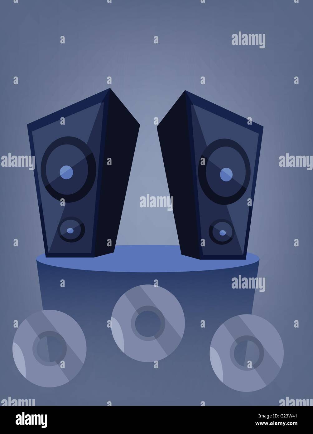 Blu due diffusori di musica su un ponte su uno sfondo blu con dvd e dischi CD. Vettore digitale dell'immagine. Illustrazione Vettoriale