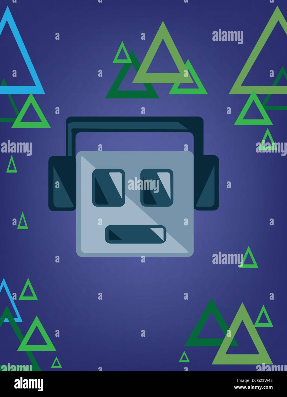 Musica emoticon con sorriso e le cuffie su uno sfondo blu con il verde e il blu dei triangoli. Vettore digitale dell'immagine. Illustrazione Vettoriale