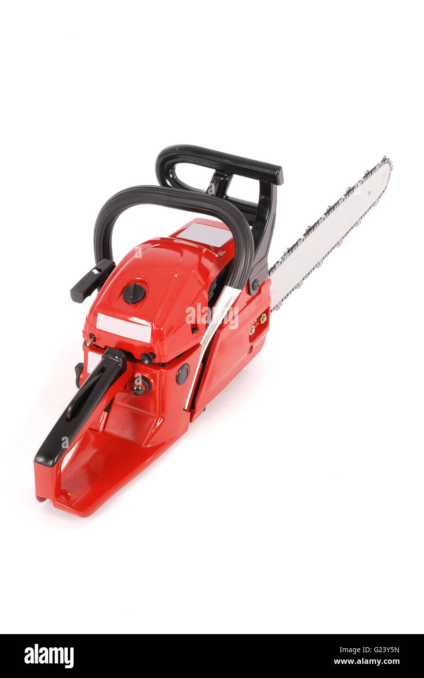 Red professional chainsaw isolati su sfondo bianco Foto Stock