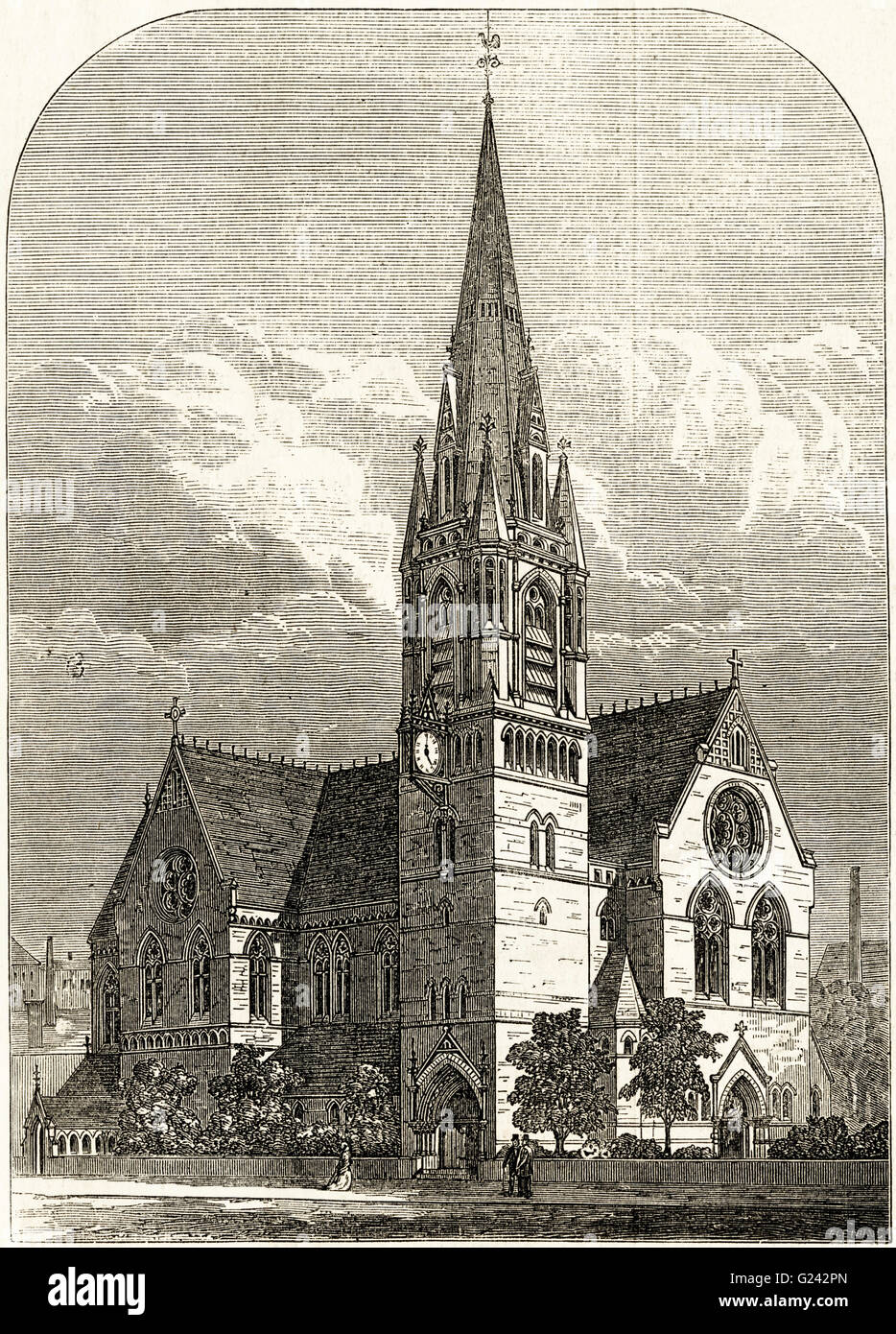 Nuova chiesa di St Mary Matfelon a Whitechapel London costruito nel 1870 e distrutta nel Blitz 29 Dic 1940. Victorian xilografia incisione datata 1875 Foto Stock