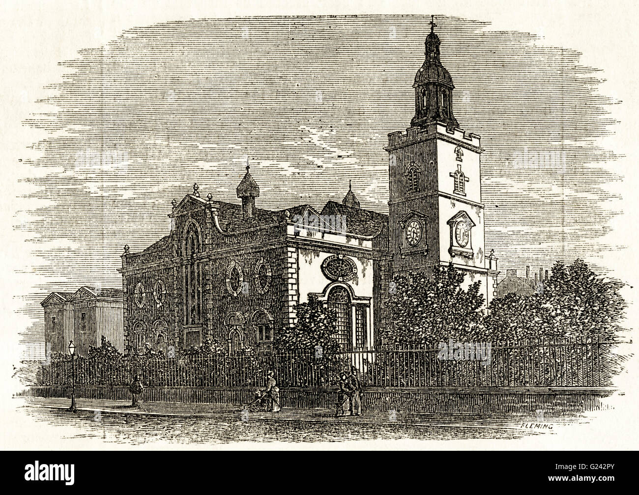 Vecchia chiesa di St Mary Matfelon a Whitechapel London demolita nel 1870 e ricostruita. Victorian xilografia incisione datata 1875 Foto Stock
