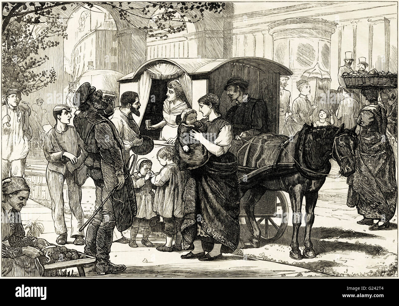 Venditore di Seltzer acqua da un cavallo & carrello su una strada di Berlino Germania. Victorian xilografia incisione datata 1875 Foto Stock