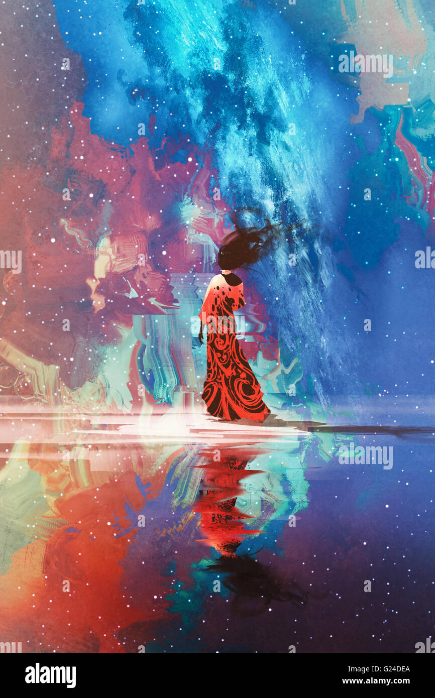 Donna abito in piedi sull'acqua contro l universo pieno di stelle, illustrazione Foto Stock