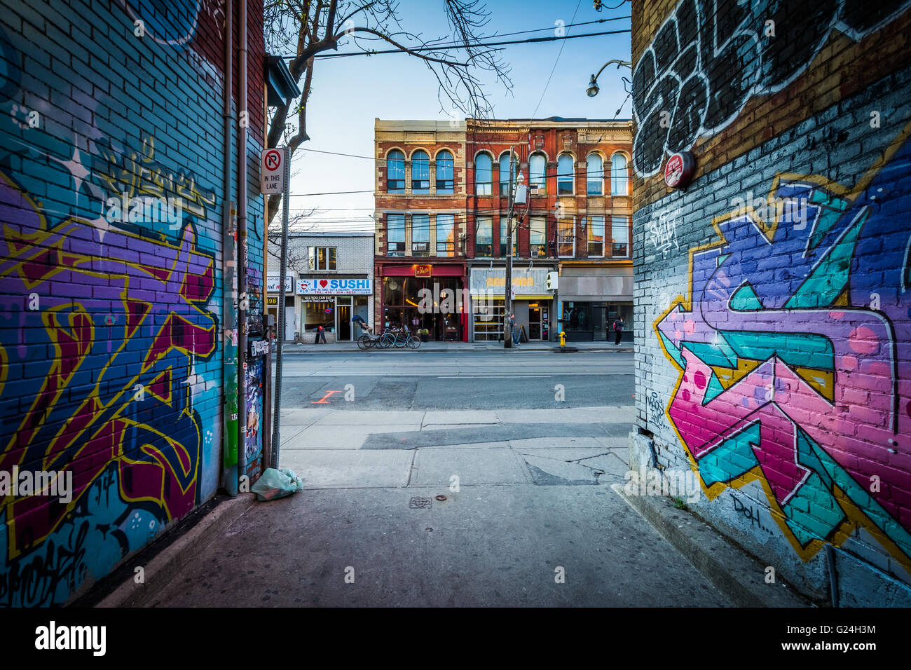Arte di strada in Graffiti vicolo e gli edifici su Queen Street West, nel quartiere alla moda di Toronto, Ontario. Foto Stock