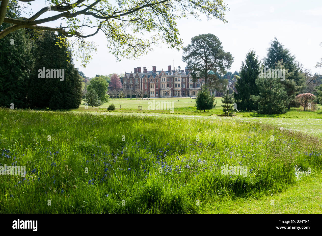 Sandringham House si vede attraverso il giardino circostante e motivi. Foto Stock