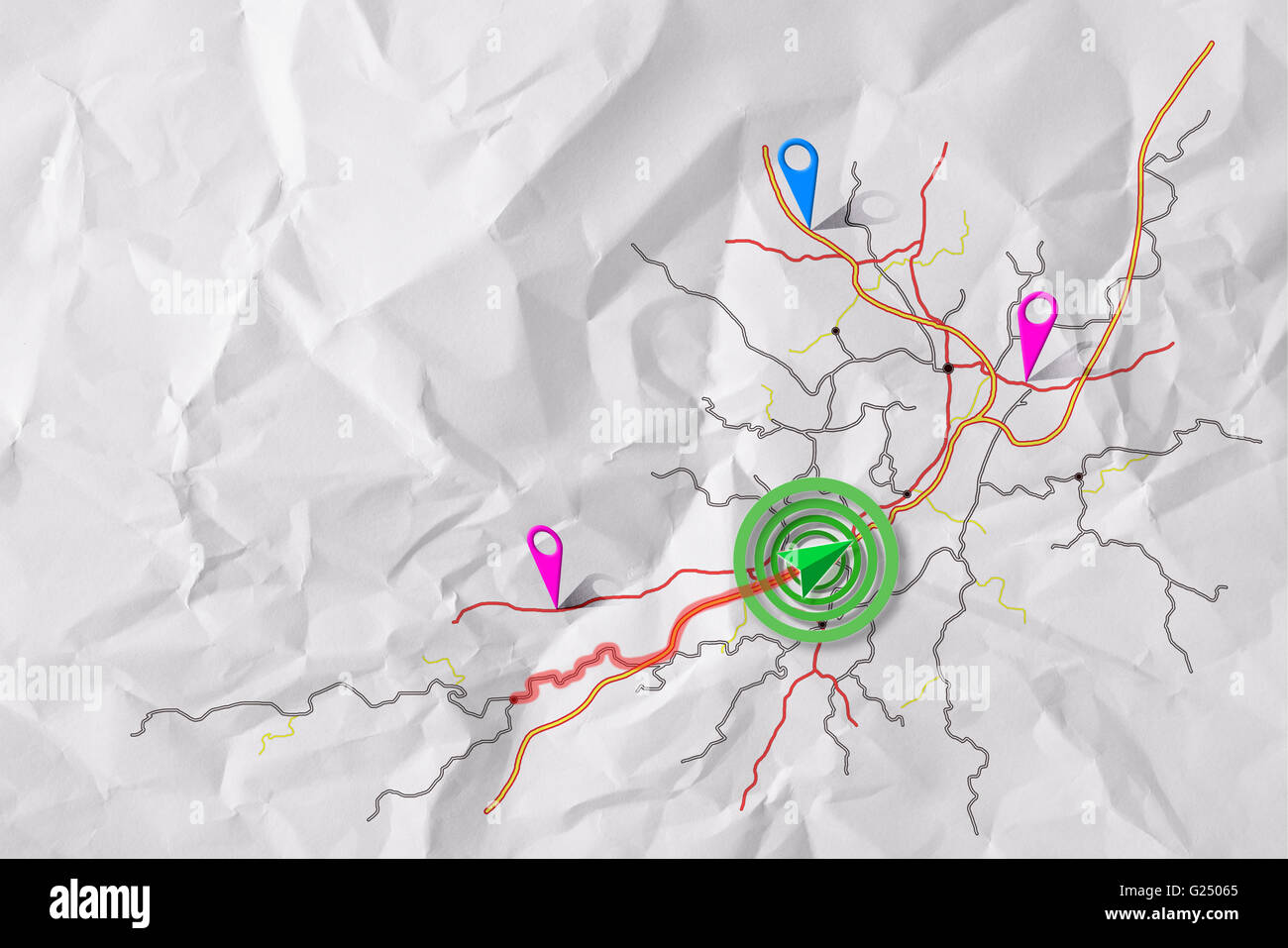 Illustrazioni cartografiche mappa di navigazione accartocciata sul foglio di carta con il tracciamento del veicolo alla distanza. Foto Stock