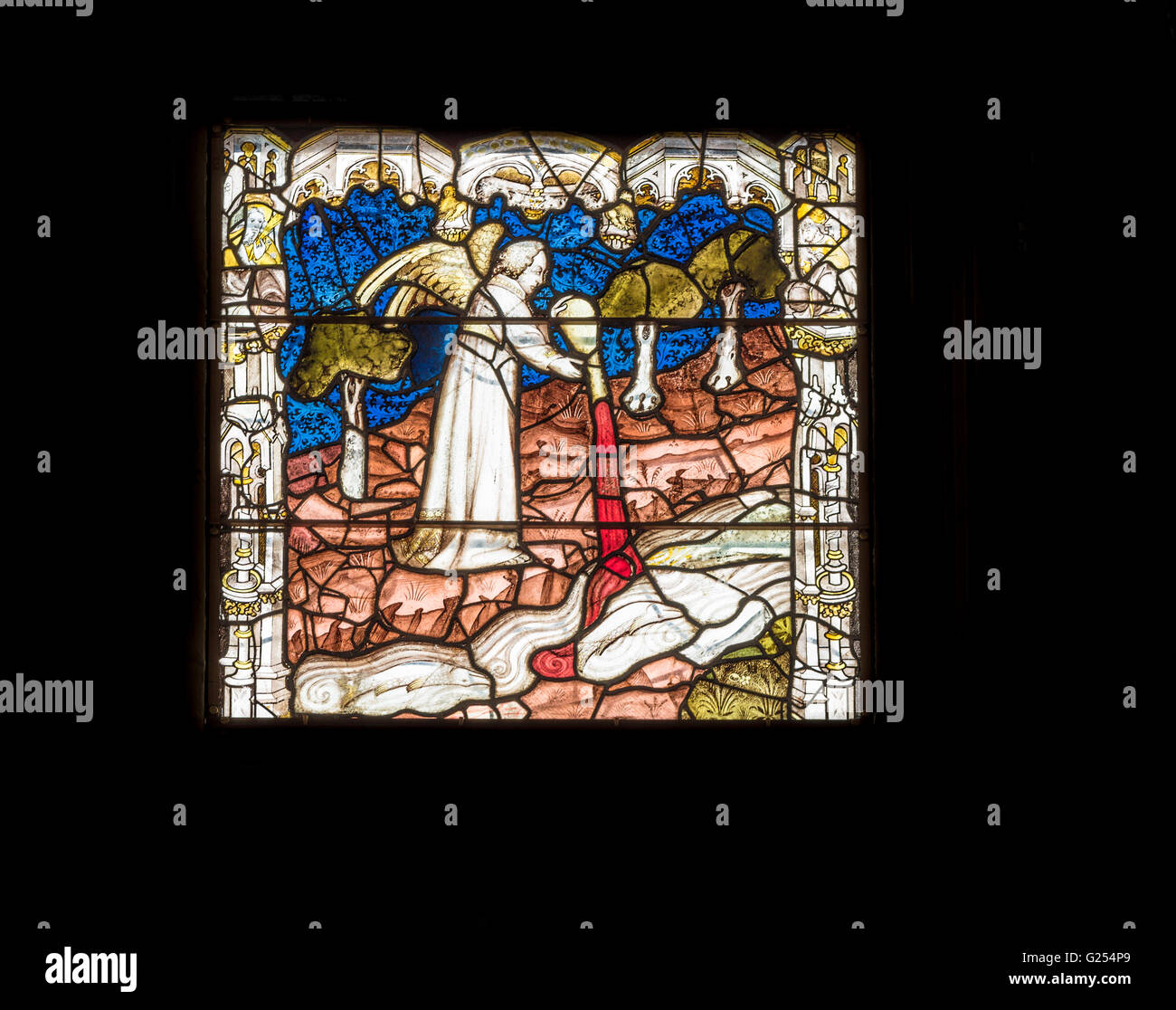 Uno dei117 pannelli storia nel medioevo vetrata a est di York Minster (cattedrale), Inghilterra. Foto Stock