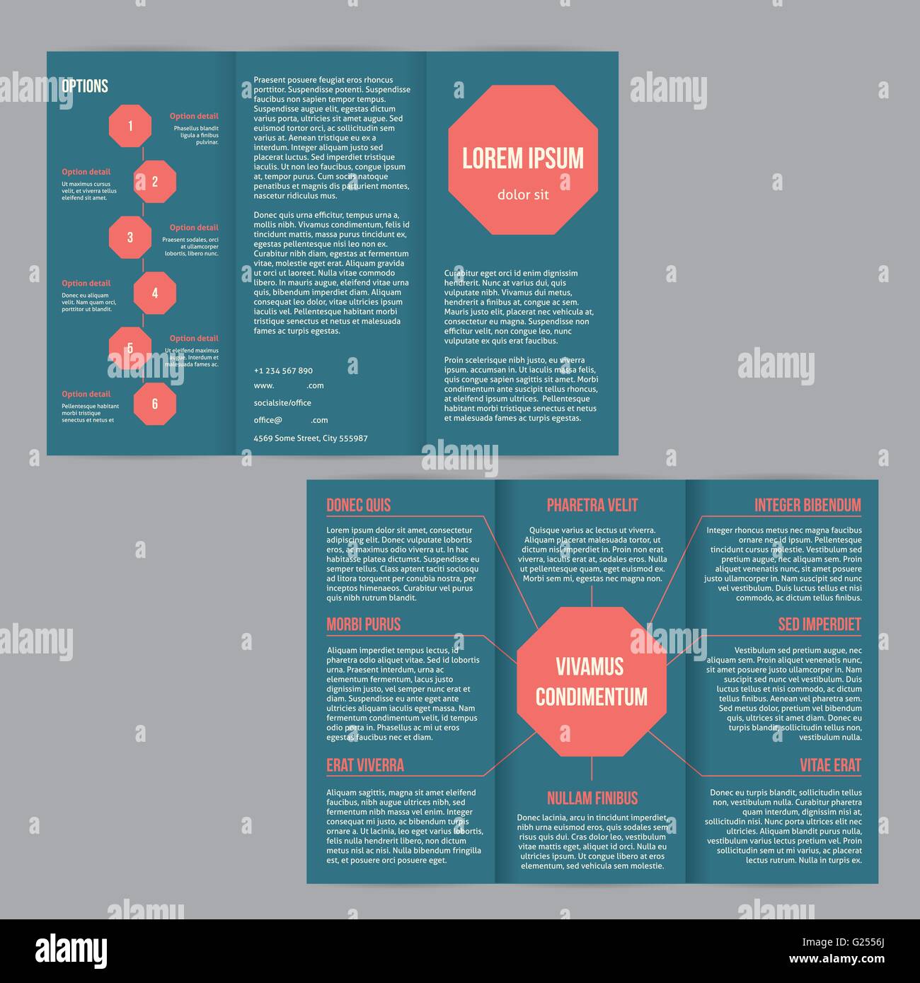 Tri-fold brochure flyer progettazione del modello con punti rossi e opzioni Illustrazione Vettoriale