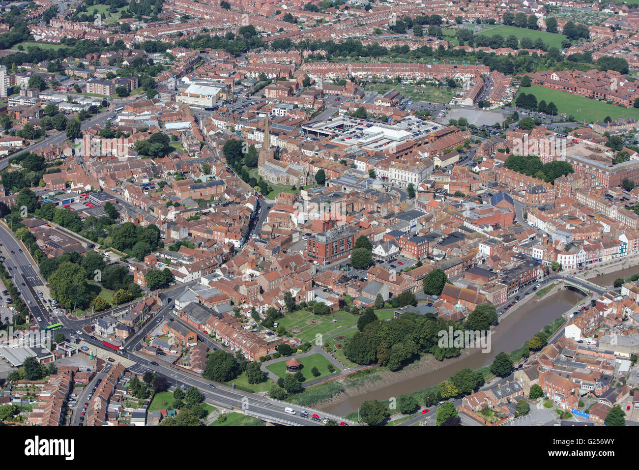 Una veduta aerea del centro della cittadina di Bridgwater nel Somerset Foto Stock