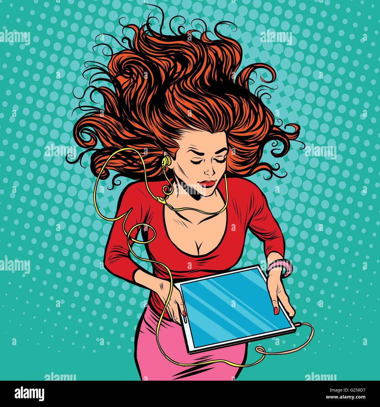 Bella ragazza giace tavoletta grafica le cuffie Illustrazione Vettoriale