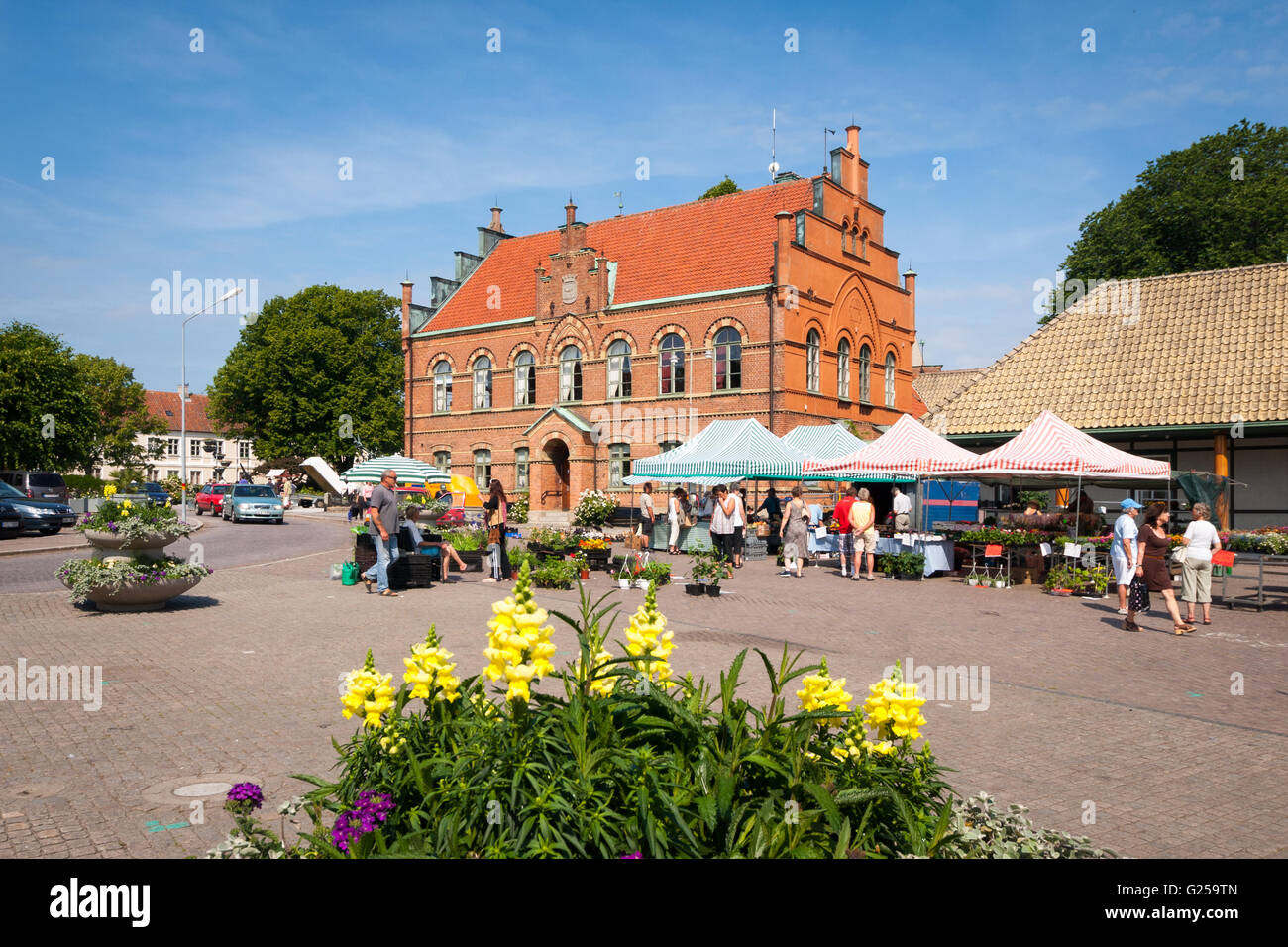 Una vista del municipio della Città Vecchia (Rådhuset) e la Piazza del Mercato (Stortorget) di Simirishamn, Svezia. Foto Stock