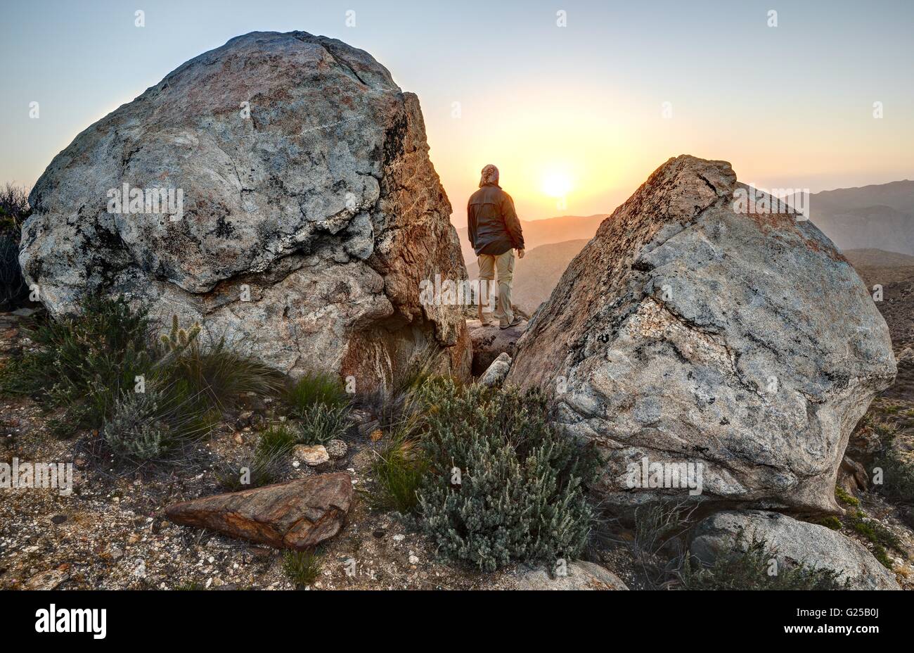 Uomo in cima alla montagna, McCain Valley, California, Stati Uniti Foto Stock
