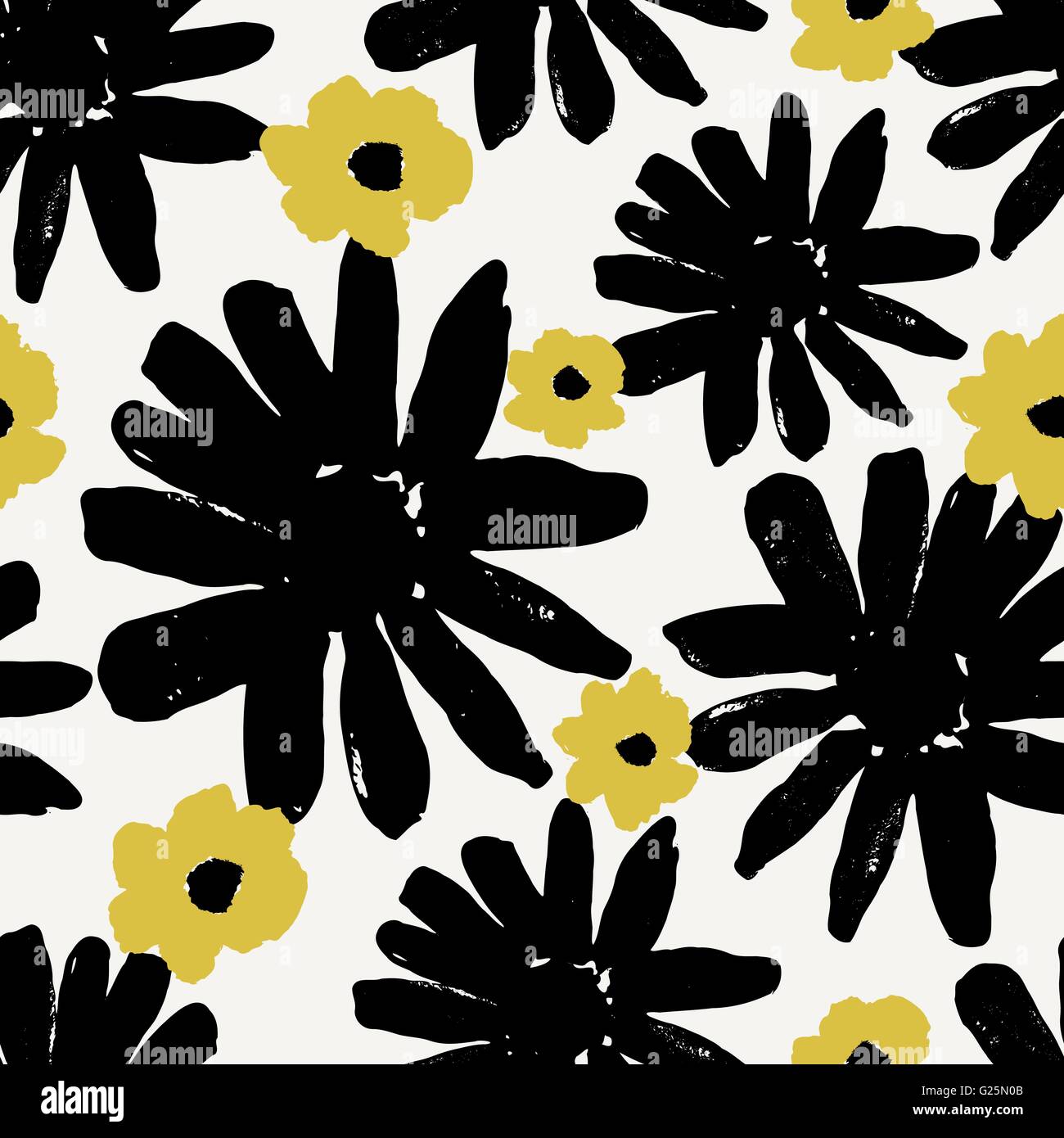 Seamless modello di ripetizione con dipinto a mano fiori in bianco e nero e giallo. Illustrazione Vettoriale