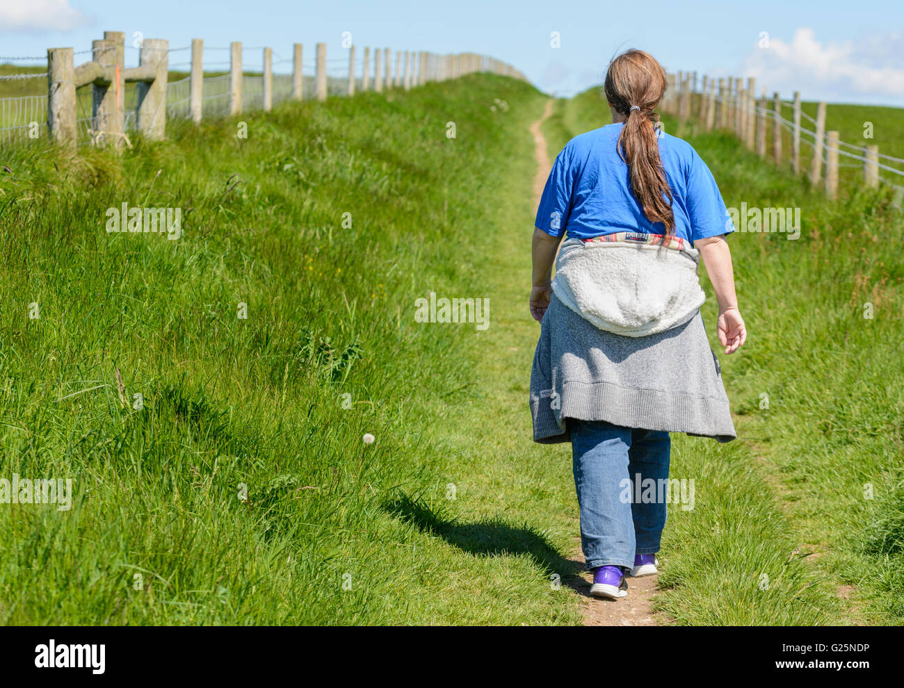 La perdita di peso. La donna a piedi lungo un percorso di paese. Uno stile di vita sano. Uno stile di vita sano. Ottenere montatore. Per tenersi in forma. Foto Stock