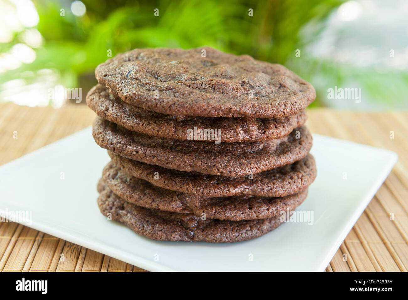 Pila di doppio i biscotti al cioccolato su una piastra bianca all'aperto Foto Stock