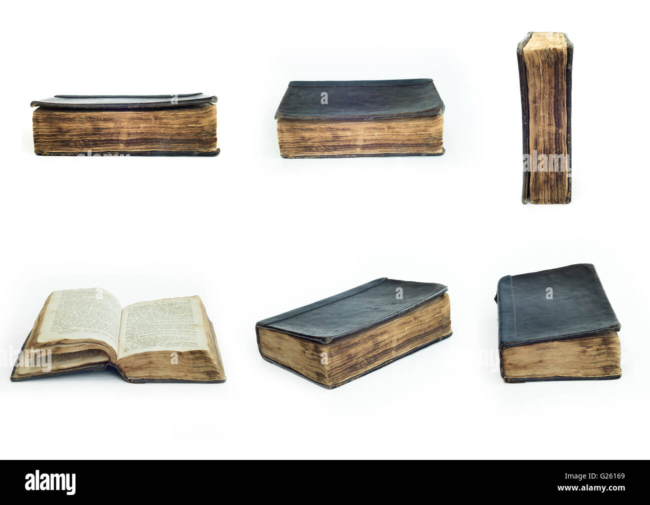 Set di vecchi libri antichi isolato con sfondo bianco Foto Stock
