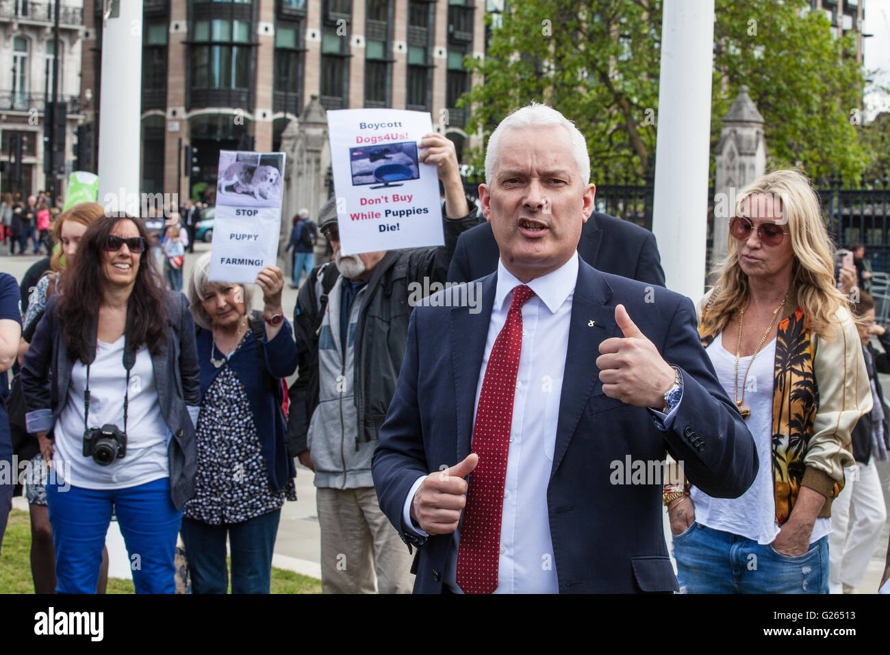 Londra, Regno Unito. Xxiv Maggio, 2016. Il dr Paul Monaghan, SNP MP per Caithness, Sutherland e Easter Ross, indirizzi gli attivisti a una protesta al di fuori del Parlamento contro le fonti di approvvigionamento da un negozio di animali cani4Us di Cuccioli da cucciolo di fattorie. L'ambiente, l'alimentazione e gli affari rurali Sub-comitato stanno attualmente studiando la vendita di cani come parte di un'indagine in materia di benessere degli animali. Credito: Mark Kerrison/Alamy Live News Foto Stock