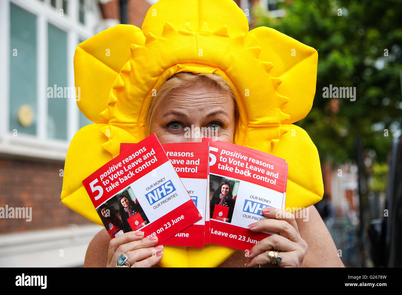 Sloane Square, London, Regno Unito 24 maggio 2016 - Votare per lasciare gli attivisti indossando narcisi faccia hat al di fuori di RHS Chelsea Flower Show Credito: Dinendra Haria/Alamy Live News Foto Stock