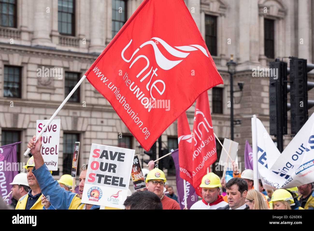 Londra, UK, 25 maggio 2016, dimostranti presso la protesta di lavoratori siderurgici Credito: Ian Davidson/Alamy Live News Foto Stock