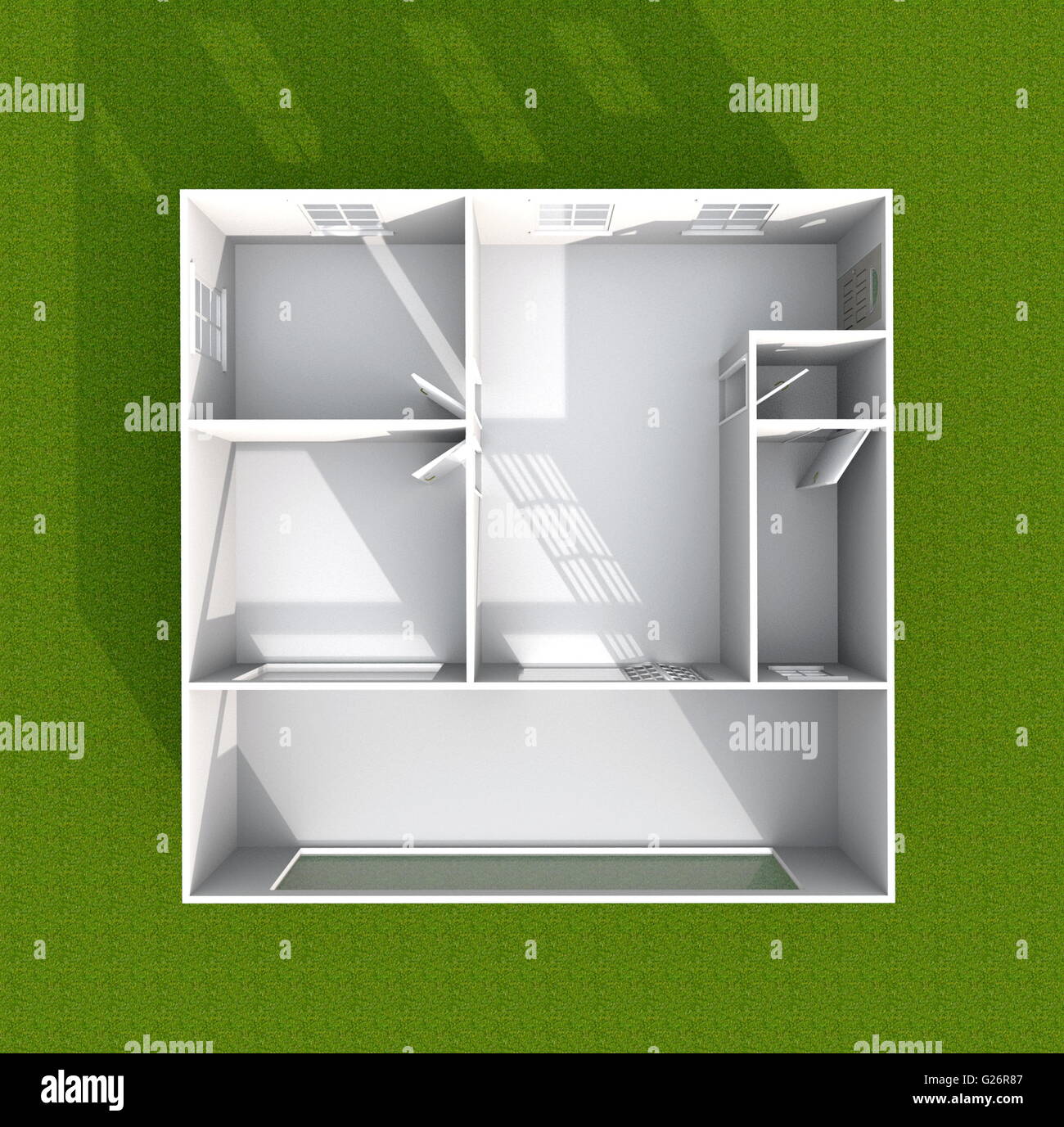 3D Interni rendering vista in pianta del vuoto home appartamento con giardino verde intorno: camera, bagno, camera da letto, cucina, soggiorno Foto Stock