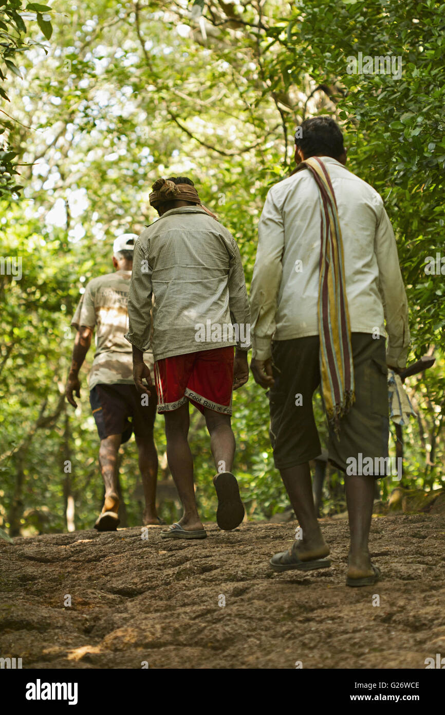 Gli abitanti di un villaggio a piedi su un sentiero di bosco in chorla ghats goa. Foto Stock