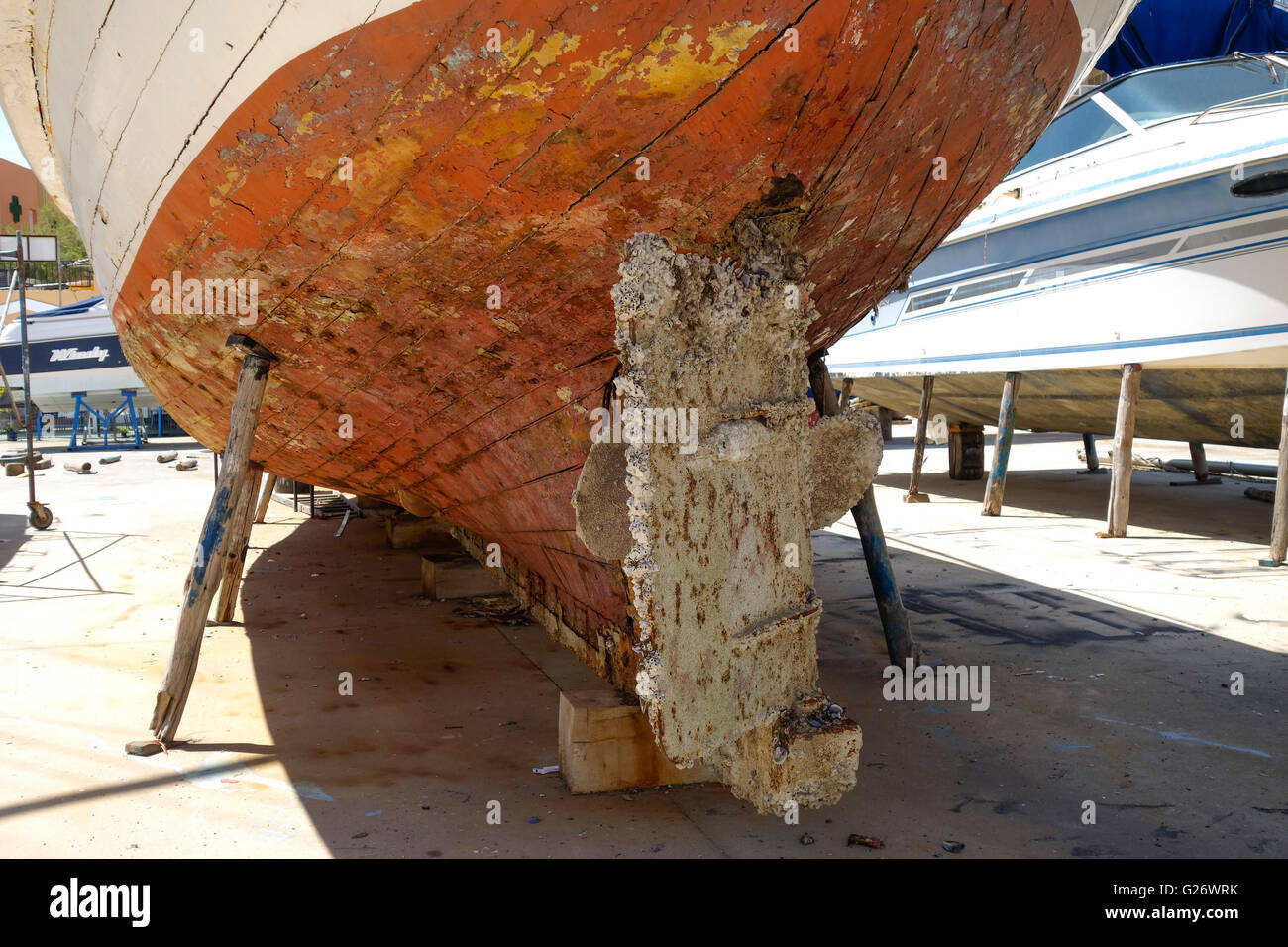 Helm, timone della vecchia barca di legno nel bacino di carenaggio, Boat Yard, coperto con cozze invasive, le cozze, Spagna. Foto Stock