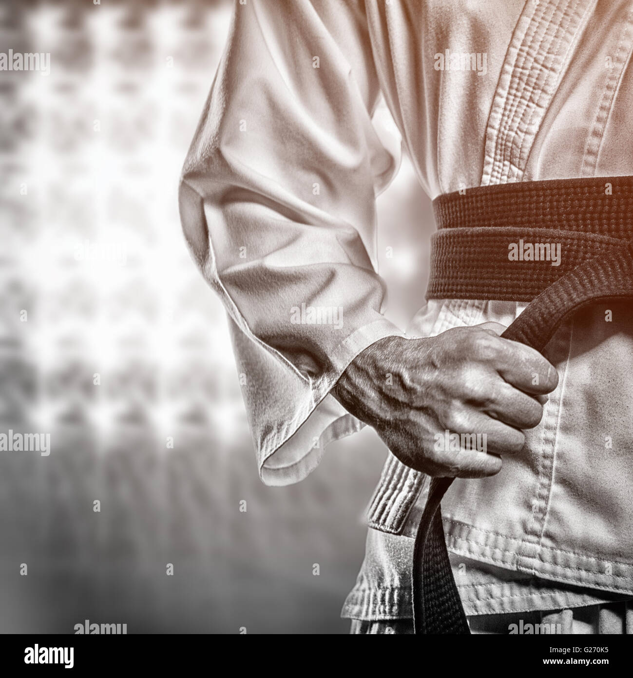 Immagine composita del fighter di serraggio della cinghia di karate Foto Stock