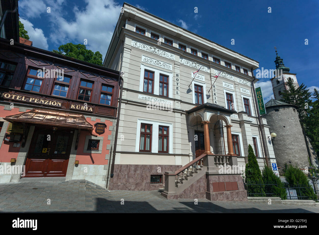 La torre del castello della città di Barbican, Hotel Kuria, Banska Bystrica, Slovacchia, Europa Foto Stock