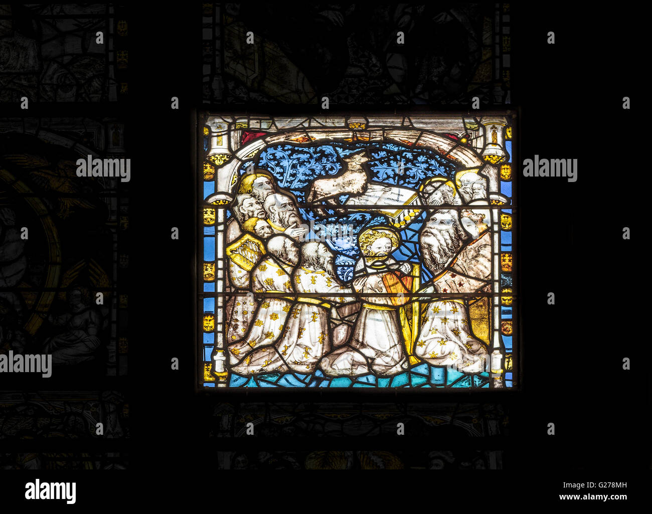 Uno dei117 pannelli storia nel medioevo secolo vetrata a est di York Minster (cattedrale), Inghilterra, th Foto Stock