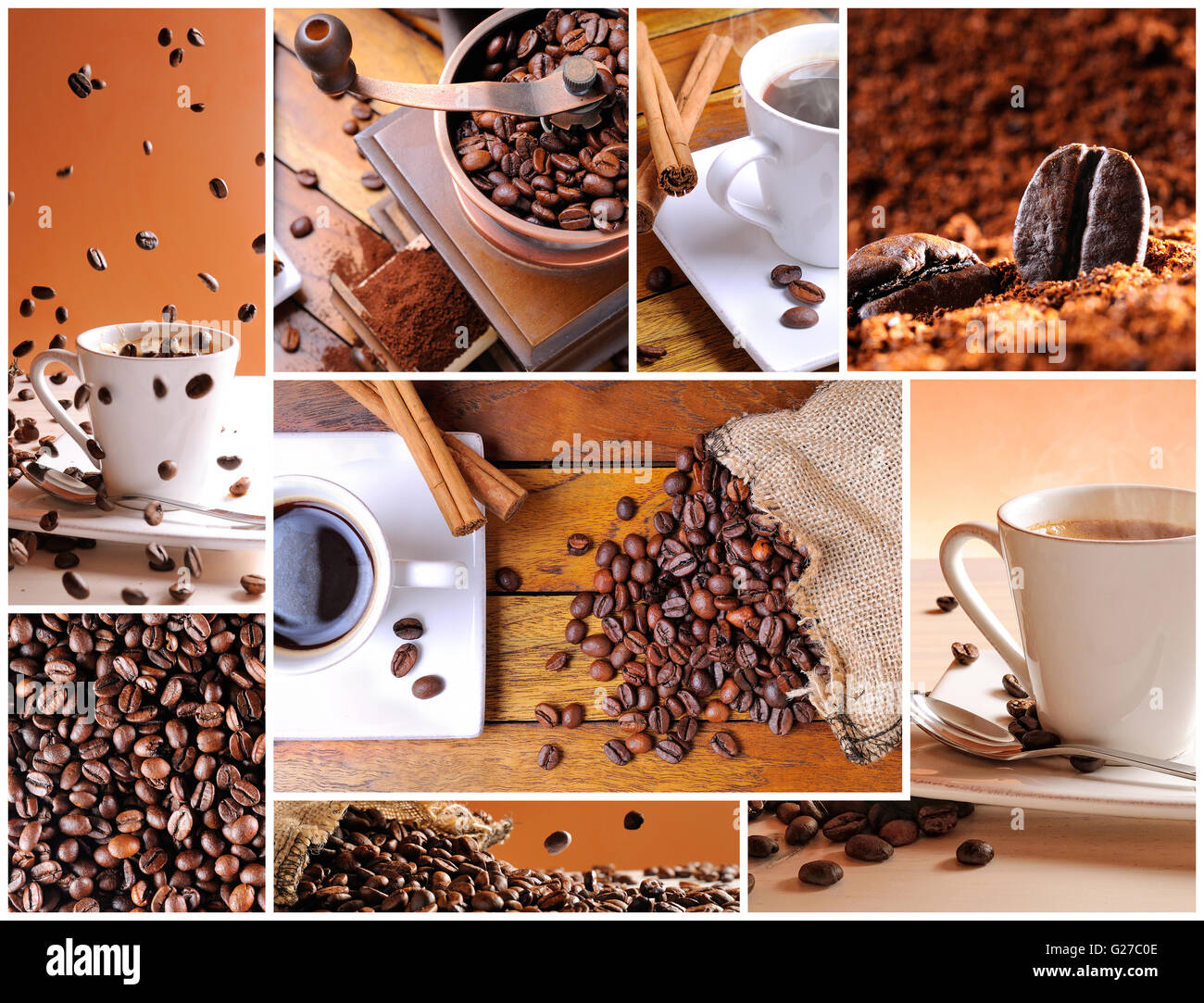 Il caffè tradizionale collage con legno e sfondo marrone da punti di vista diversi Foto Stock