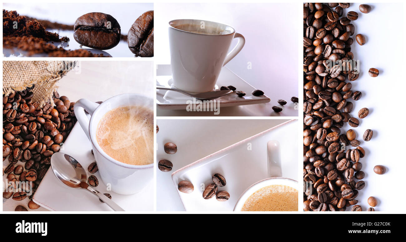 I moderni caffè collage con sfondo bianco da diversi punti di vista Foto Stock