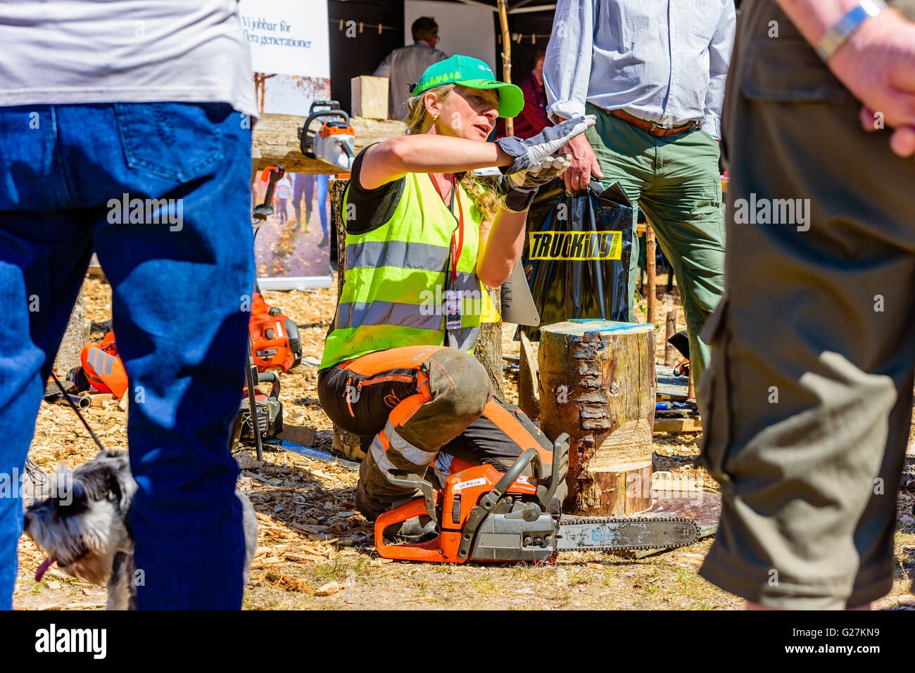 Emmaboda, Svezia - 13 Maggio 2016: la foresta e il trattore (Skog och traktor) fiera. Istruttore femmina informare circa la sicurezza durante il lavoro Foto Stock