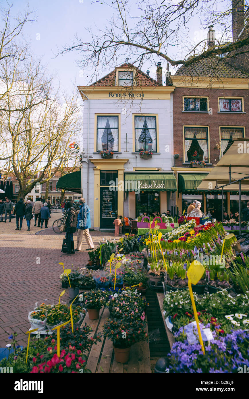Delft piazza del mercato con la tipica architettura olandese e fiori per la vendita Foto Stock
